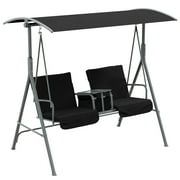 2-Seater Steel Outdoor Porch Swing with Canopy and Table, Black