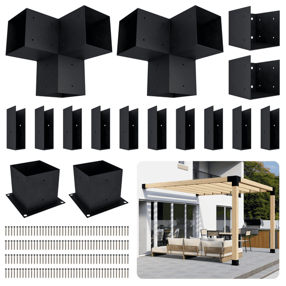 Steel 6x6 Pergola Kit Brackets for 10x8 Pergola Over Deck / Simple DIY Pergola Against House (Lumber Not Included)