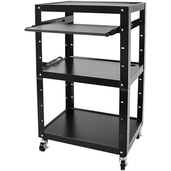 Steel AV Cart on Wheels Rolling Media Carts with Height Adjustable Shelf Metal Presentation Cart with Keyboard Tray Computer Workstation for Office Classroom$$Office