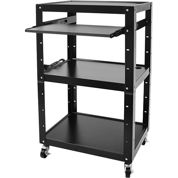 Steel AV Cart on Wheels Rolling Media Carts with Height Adjustable Shelf Metal Presentation Cart with Keyboard Tray Computer Workstation for Office Classroom