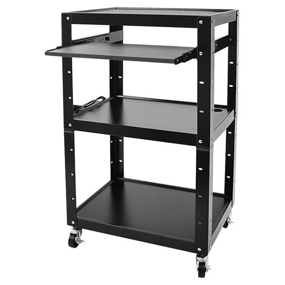 Steel AV Cart on Wheels Rolling Media Carts with Height Adjustable Shelf Metal Presentation Cart with Keyboard Tray Computer Workstation for Office Classroom