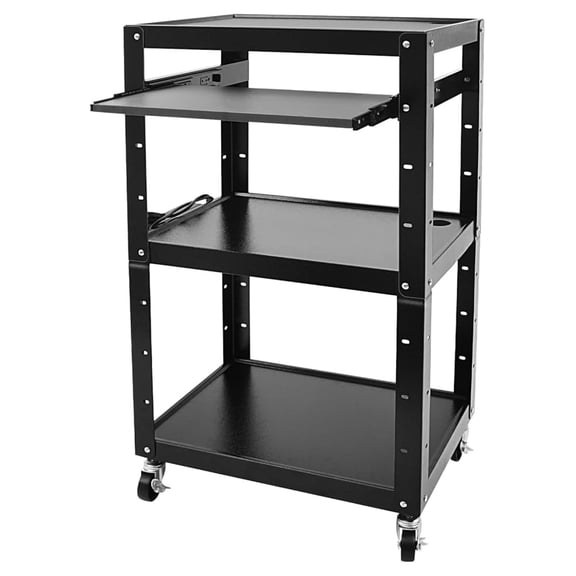 Steel AV Cart on Wheels Rolling Media Carts with Height Adjustable Shelf Metal Presentation Cart with Keyboard Tray Computer Workstation for Office Classroom