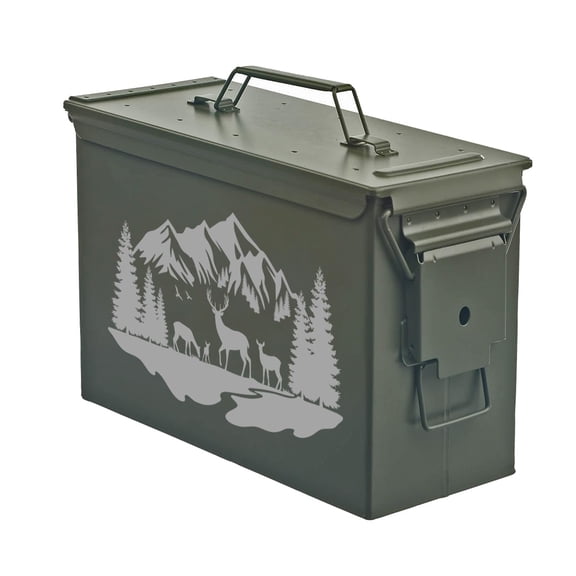 Steel Ammo Can Storage Box Ammunition Case Deer Mountain Forest River Scene (30cal, Green)
