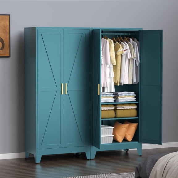 Steel Armoire Wardrobe Closet, 71" Metal Clothing Storage Cabinets with 2 Doors & 2 Adjustable Shelves, Blue Wardrobe Cabinet with Hanging Rod for Bedroom, Gym