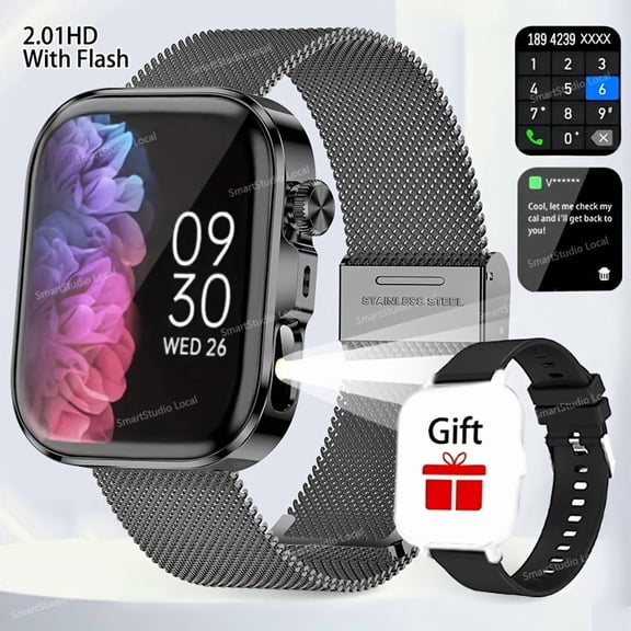 Steel Band 2.01" 240P Smartwatch, Magnetic Charging, Wireless Call & Flashlight, Valentine Gift for iOS Android