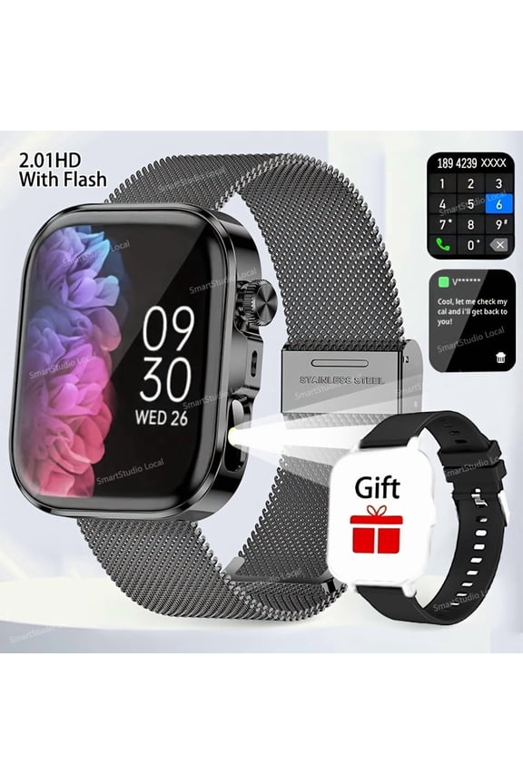 Steel Band 2.01" 240P Smartwatch, Magnetic Charging, Wireless Call & Flashlight, Valentine Gift for iOS Android