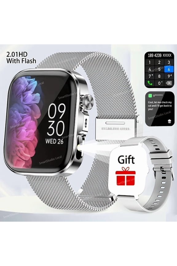 Steel Band 2.01 Inch 240P Smart Watch, Magnetic Charge, Wireless Call & Flashlight, Valentine Present for iOS Android Users