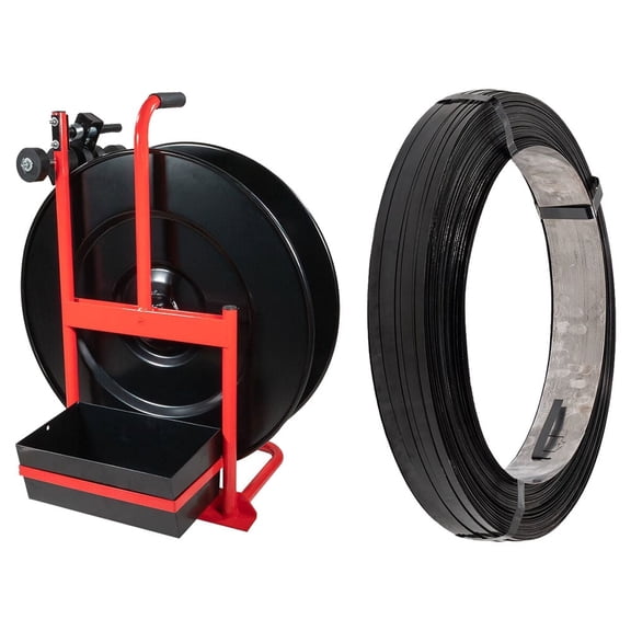 Steel Banding Strapping Kit - 1/2" x 2800' Black Steel Banding Coil with Heavy Duty Strapping Dispenser, 1,100 lbs Break Strength for Pallet Packaging, Shipping & Load Securement