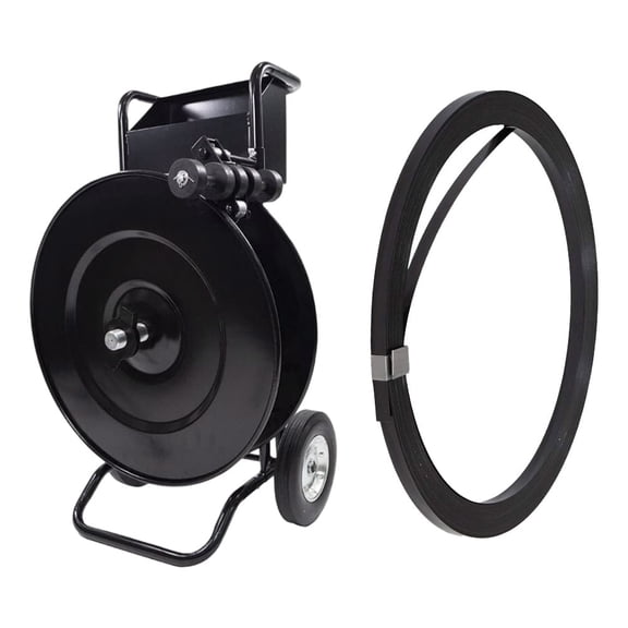 Steel Banding Strapping Kit Strapping Cart & Coil Dispenser for 8" or 16" Core with Roller Brake & Tool Tray and 1/2"x0.020"x200' Black Steel Banding Coil 1100 lbs BS for Packaging
