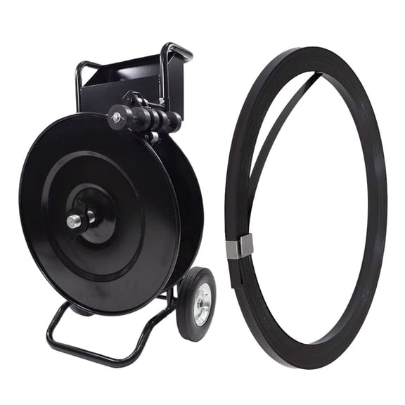 Steel Banding Strapping Kit  Strapping Cart & Coil Dispenser for 8" or 16" Core with Roller Brake & Tool Tray and 1/2"x0.020"x300' Black Steel Banding Coil 1100 lbs BS for Packaging