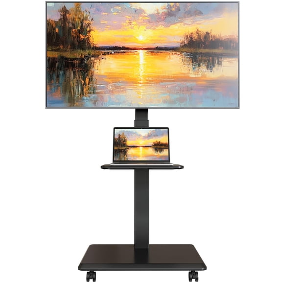 Steel Base Rolling TV Stand for 32-75 inch TVs up to 110 lbs, Leveling & Tilt & Swivel Mobile TV Stand with Hidden Wire Management, Height Adjustable Portable Tv Stand with Steel Shelf, Black