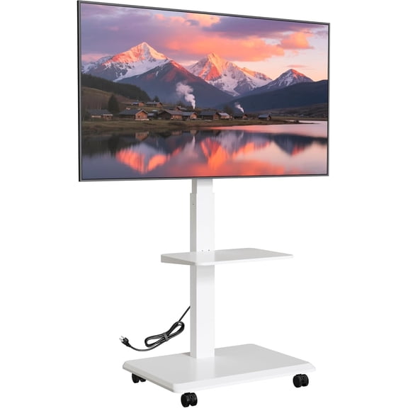 Steel Base Rolling TV Stand with Power Outlet for 32-75" TVs up to 110 lb, Height Adjustable Mobile TV Cart with Tilt, Swivel & Cable Management, Heavy Duty Portable TV Stand with Steel Shelf, White