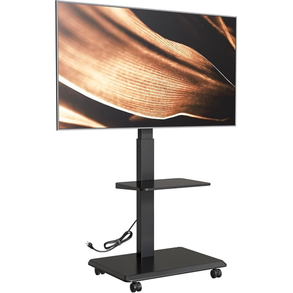 Steel Base Rolling TV Stand with Power Outlet for 32-75" TVs up to 110 lb, Height Adjustable Mobile TV Cart with Tilt, Swivel & Cable Management, Heavy Duty Portable TV Stand with Steel Shelf, Black