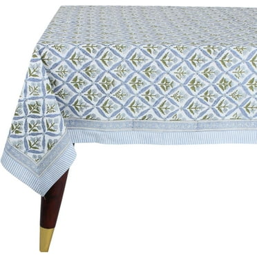 Steel Blue 60x84 Inches Rectangle 100% Cotton Hand Block Print Tablecloth Washable Halloween Thanksgiving/Christmas Parties/Wedding Use,Fall décor Farmhouse Dining Dinner Tablecloth