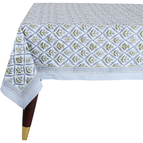 Steel Blue 60x90 Inches Rectangle 100% Cotton Hand Block Print Tablecloth Washable Halloween Thanksgiving/Christmas Parties/Wedding Use,Fall décor Farmhouse Dining Dinner Tablecloth