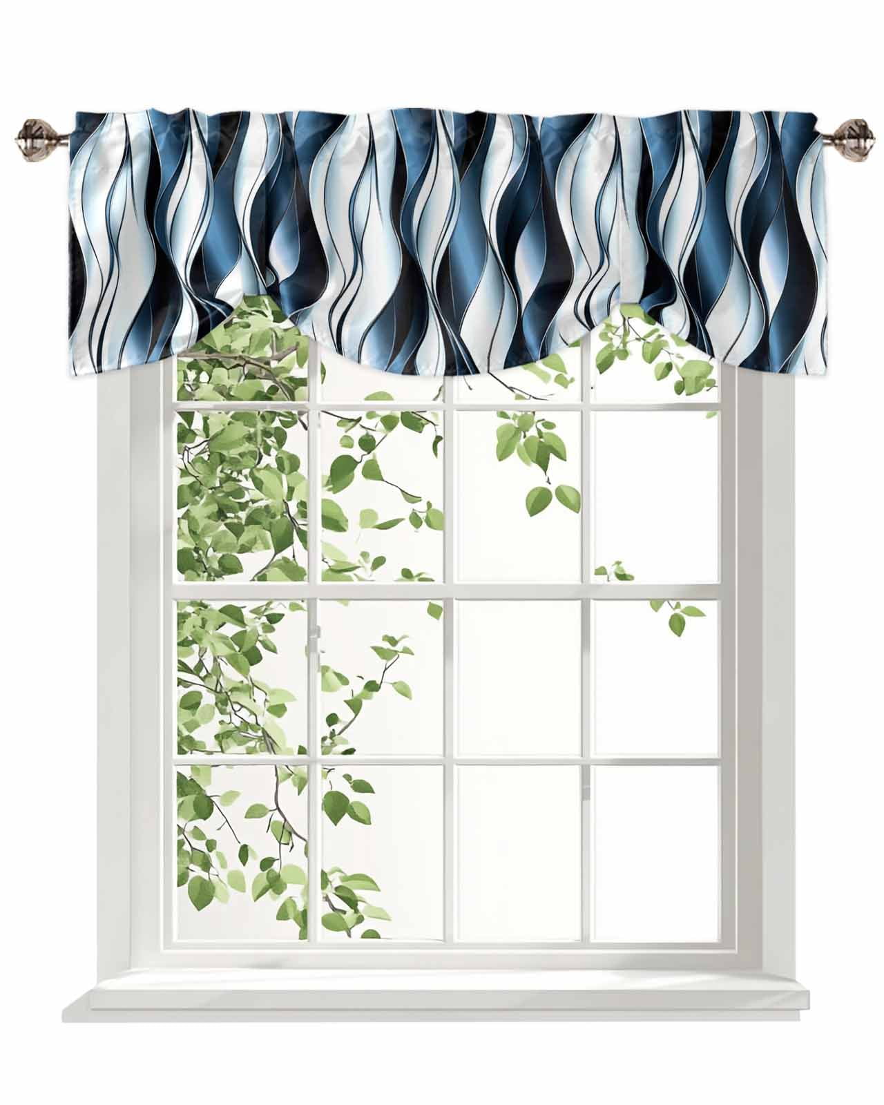 Steel Blue Gradient Line Tie Up Valances Curtain, Adjustable Kitchen Abstract Twist Valances for Windows Decor, Rod Pocket Short Curtains Set for Bedroom/Bathroom, 60"x18"