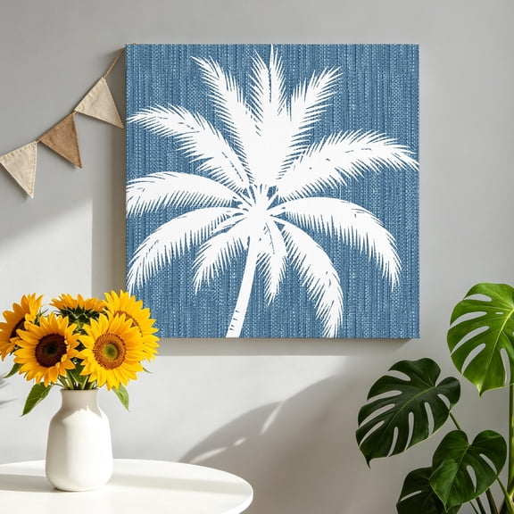 Steel Blue Palm Tree Canvas Wall Art, Summer Country Vintage Tropical Coastal Leaf Pictures Wall Decor Wooden Framed Artwork Art Prints for Living Room Hallway Bedroom Office 8"x8"