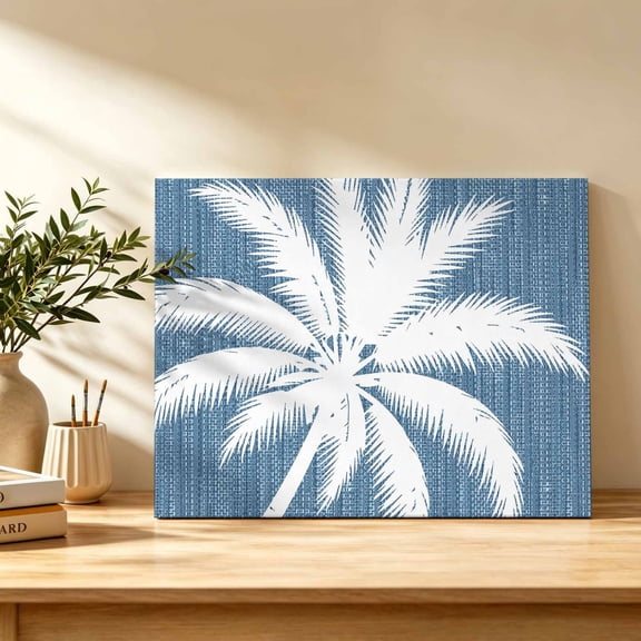 Steel Blue Palm Tree Canvas Wall Art, Summer Country Vintage Tropical Coastal Leaf Wall Art Prints Artwork Framed Canvas Ready to Hang Art Pictures for Bathroom Bedroom Entry Desk Corner 10" x 8"