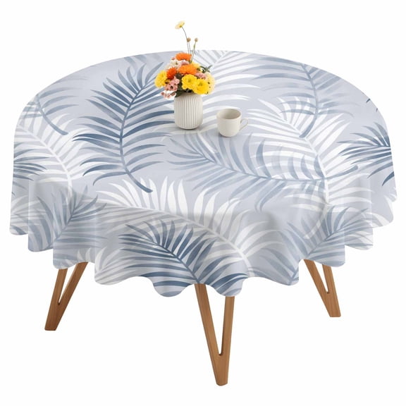 Steel Blue White Palm Leaves Round Tablecloth 60 inches Botanical Forest Ferns Waterproof Oil-Proof Table Cloth Round Table Cover for Holiday Party Picnic Dinner Decor Indoor and Outdoor Use