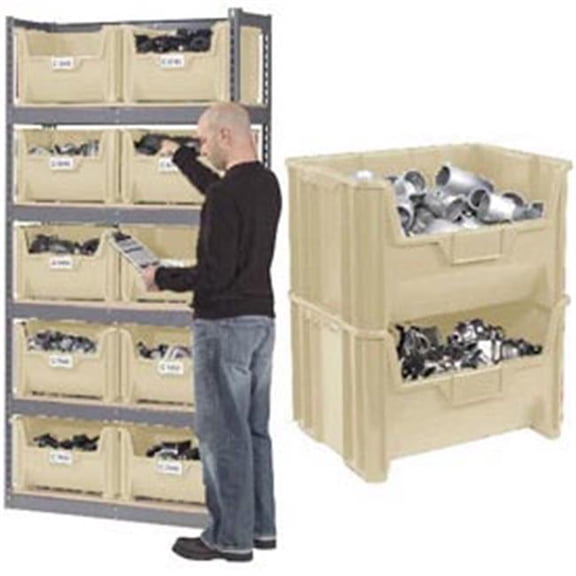 Steel Boltless Wood Deck Shelving with 10 Plastic Hopper Bins - Beige - 42 x 15 x 84