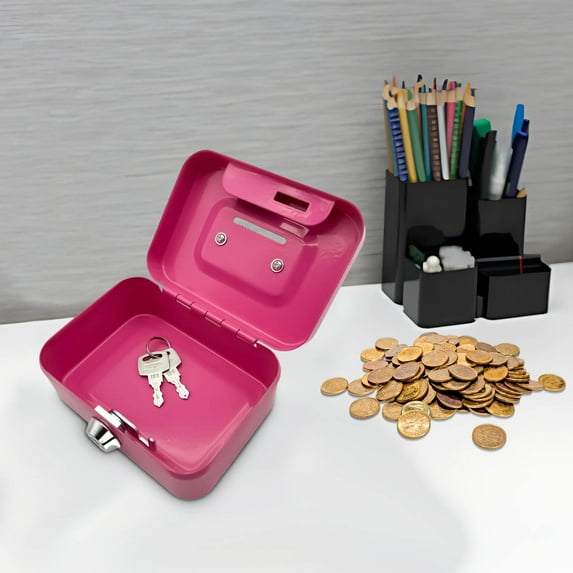 Steel Cash Box with Key Lock, Steel Cash Box with Combination Lock, Metal Small Money Organizer with Removable Money Tray, Cash Storage Box with Lockable Cover Pink