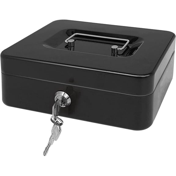 Steel Cash Box with Key Lock, Metal Small Money Organizer with Money Tray,Cash Storage Box with Lockable Cover (Black - 10 inch)