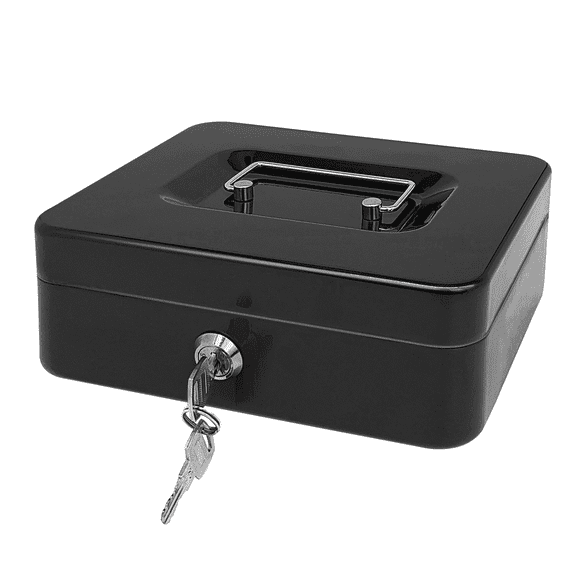 Steel Cash Box with Key Lock, Metal Small Money Organizer with Money Tray,Cash Storage Box with Lockable Cover (Black - 10 inch)