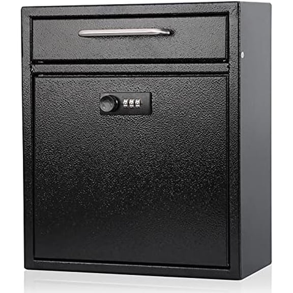 Steel Combination Lock Mail Boxes Outdoor, Locking Wall Mount Mailbox, Security Key Drop Box, 12H x 10.5L x 4.6W Inches, Black Large