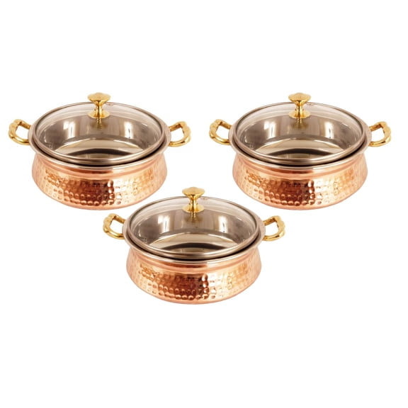 Steel Copper Hammered Handi/Casserole Set with lid with Brass Handles Copper, 400 ml, 750ml, 1500 ml, 3 Piece Set