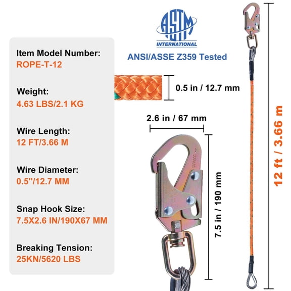 Steel Core Flipline 1/2" x 12' Arborist Flip Line for Tree Climbing with Alloy Steel Snap Hook Aluminum Alloy Carabiner and Extra Tool Lanyard for Arborist Tree Climbers
