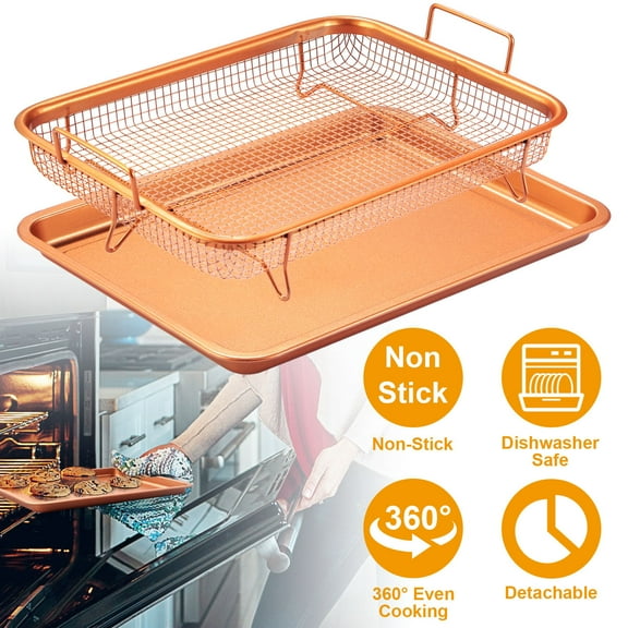 Steel Crisper Tray for Oven, 2 Piece Nonstick Copper Crisper Tray and Basket, Air Fry in your Oven, Great for Baking and Crispy Foods.