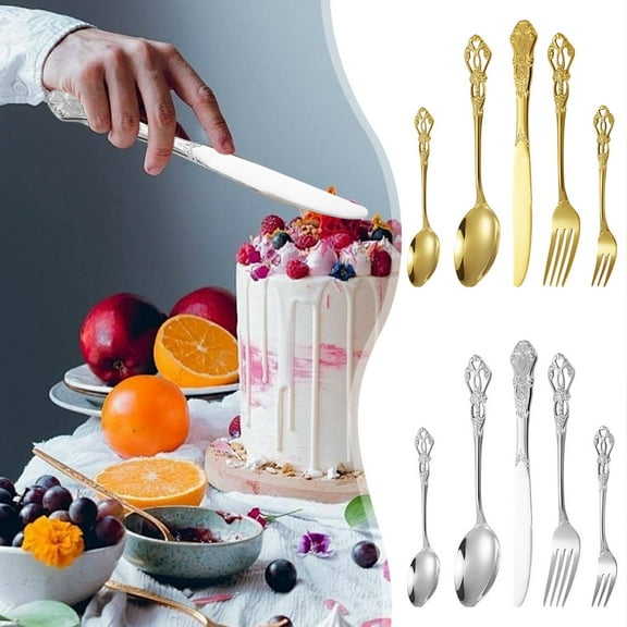 Steel Cutlery Set 5-Piece with Floral Engraved Handles, Dishwasher Safe Durable Silverware for Everyday Family Dining & Formal Occasions(Multicolor),Hulucky