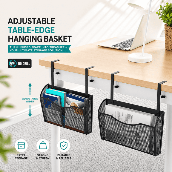 Steel Desk Organizer Shelf & Storage with Multi-Purpose Storage Basket, Black