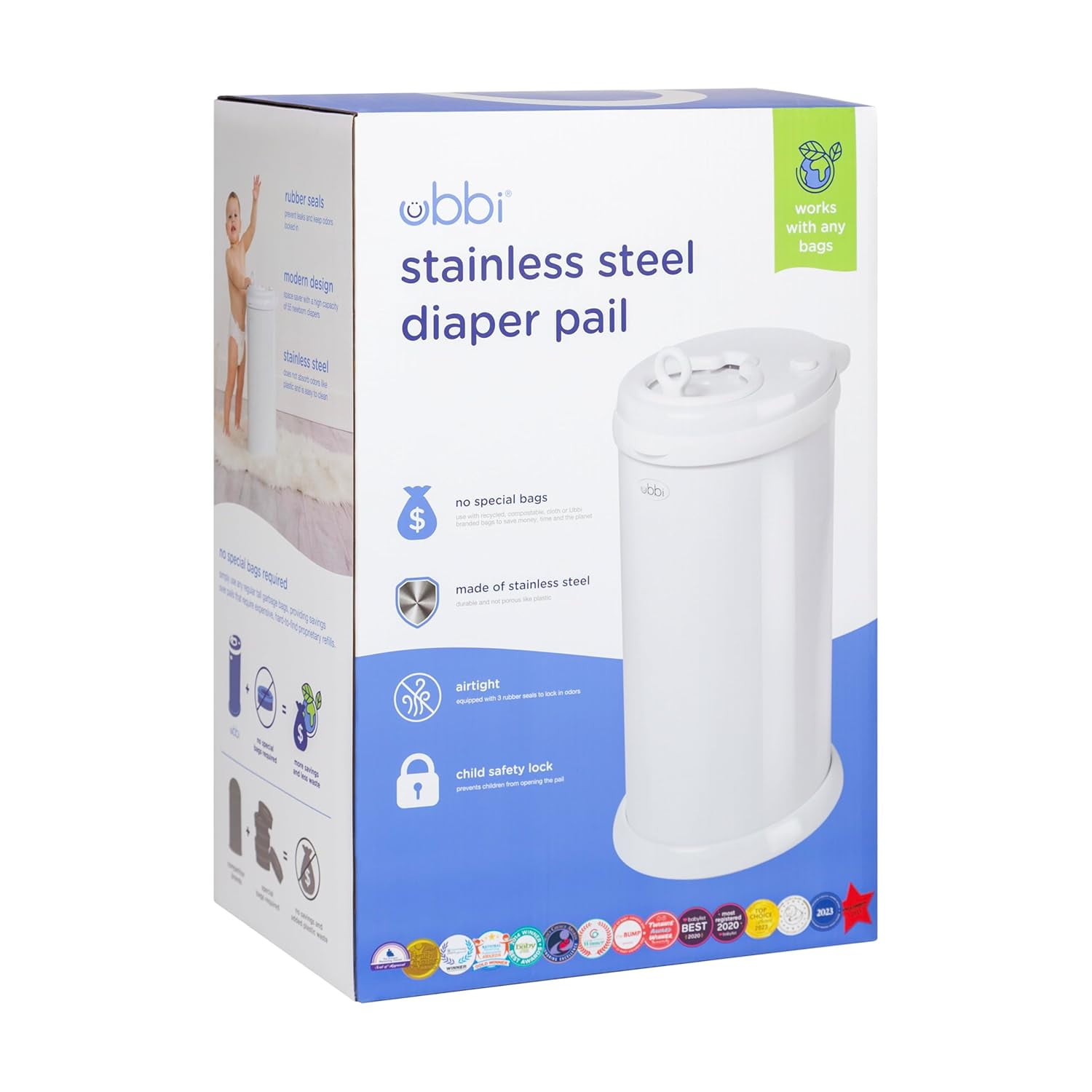 Steel Diaper Pail, Odor Locking, No Special Bag Required, Award-Winning, Registry Must-Have, White