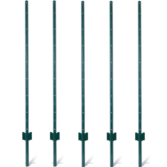 Steel Fence Posts 5 Feet 5 Pack, U-Channel Metal Garden Fence Post for Wire Fence, Corner Anchor Posts, Green Powder Coated