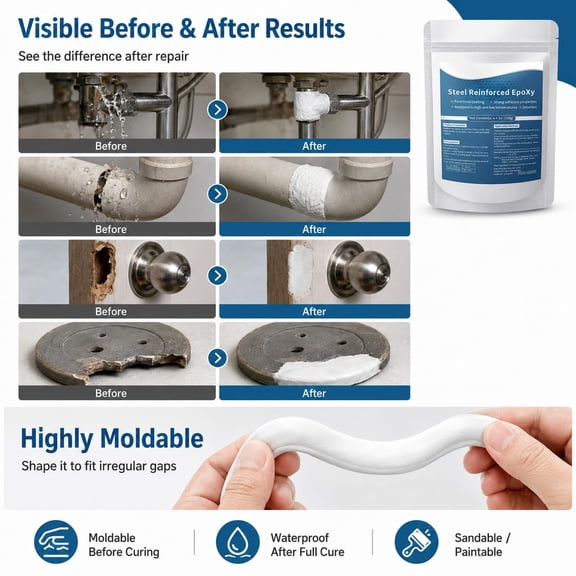 Steel Filled Epoxy Repair Putty Clay, High Strength Waterproof AB Adhesive Paste for Metal Pool Ceramic Tile Crack Fixing