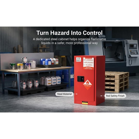 Steel Flammable Storage Cabinet, 12 Gallon Red Flammable Safety Cabinet, Double-Wall Steel Fire Cabinet with Adjustable Shelf for Auto Repair Shop