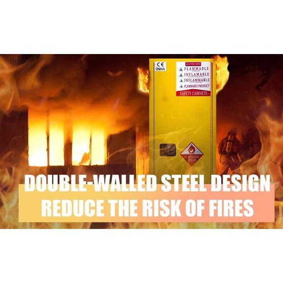 Steel Flammable Storage Cabinet, 22 Gallon Yellow Safety Cabinet with Leak-Proof Sump for Auto Repair Shops