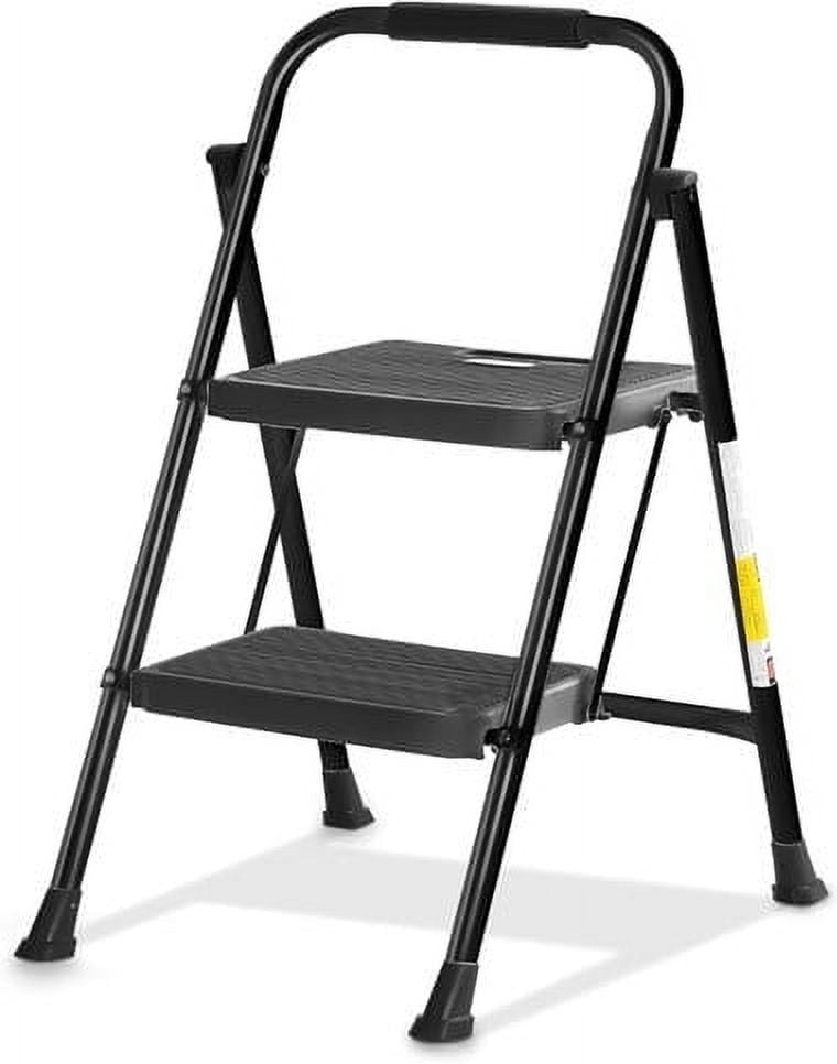 Black Steel Foldable 2-Step Ladder with Soft-Grip Handle
