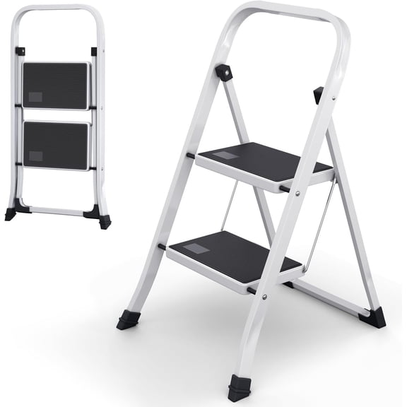 Steel Folding 2 Step Stool Ladder Adults With Soft-Grip Handle 330 Lbs(White)