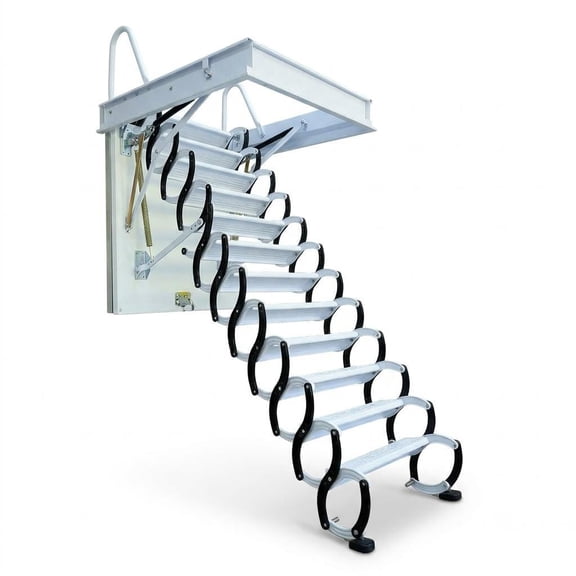 Steel Folding Loft Stairs, Black And White 12 Steps Ceiling Mount Attic Ladder, Pull Down Hidden Access Stair with Stable Structure for Home Indoor Use