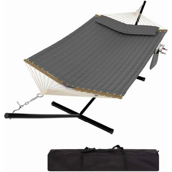 Steel Frame 2-Person Hammock Suite with Stand, Heavy Duty 450Lb Capacity, Quilted Polyester & Net Design, Includes Storage Bag - for Backyard, Patio, Camping