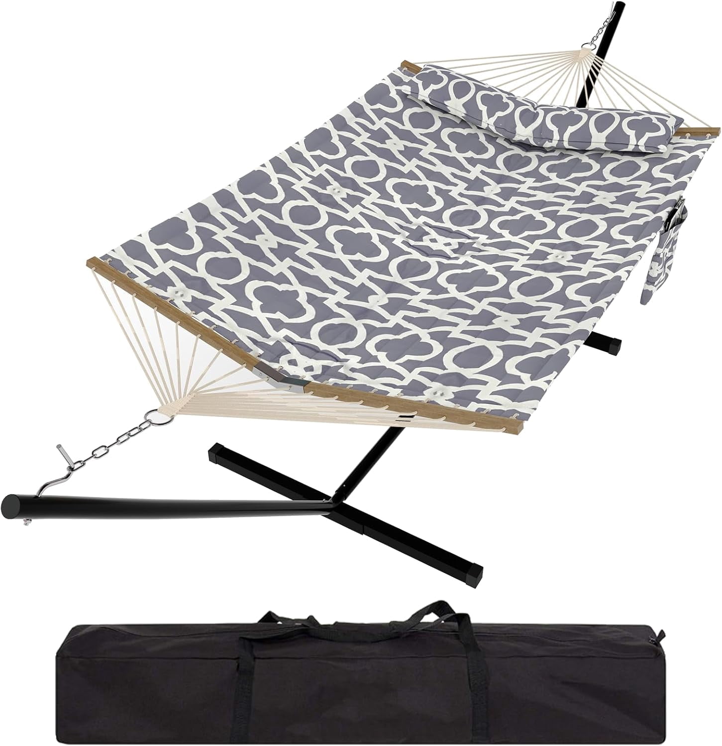 Steel Frame 2-Person Hammock Suite with Stand, Heavy Duty 450Lb Capacity, Quilted Polyester & Net Design, Includes Storage Bag - for Backyard, Patio, Camping