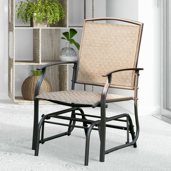 Steel Frame Garden Swing Single Glider Chair, Wrought Iron Rocking Seating with Breathable Fabric & Non-Slip Pads for Patio Deck Backyard