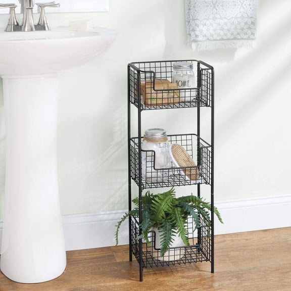 Steel Freestanding Storage Organizer Tower Rack Basket Shelf, Metal 3-Tier Furniture Unit for Master/Guest Bathroom, Powder Room - Holds Bath Towels, Soap - Concerto Collection - Black