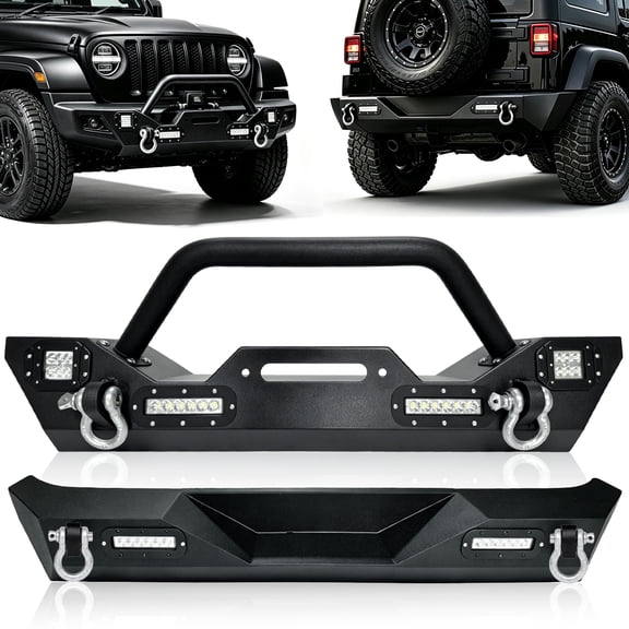 Steel Front & Rear Bumper Combo Fits 2007 - 2018 Jeep Wrangler JK / JKU ( 2 / 4 Doors ), Textured Black Off - Road Bumper Set with LED Lights & D-Ring Shackles