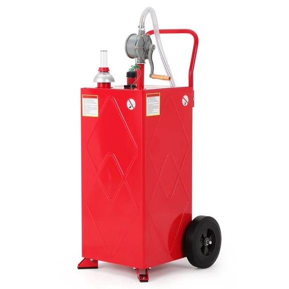 Steel Fuel Tank Cart with 2 Wheels and Manual Transfer Pump - 35 Gallon Fuel Storage for Gasoline and Diesel, Includes 9.8 Ft Tangle-Free Hose with Nozzle Anti-Static Wire Clamp and Raw Material Tape