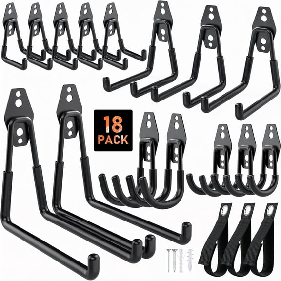 Steel Garage Hooks - 18Pack Anti-Slip Coating, Heavy Duty Wall Mount Hooks for Bikes, Garden Tools, Ladders, Hose, Bulk Items Ropes, Garage Tool Organizer with Extension Cord Wrap, Black