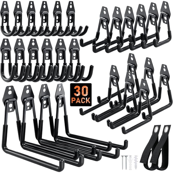 Steel Garage Hooks - 30Pack Anti-Slip Coating, Heavy Duty Wall Mount Hooks for Bikes, Garden Tools, Ladders, Hose, Bulk Items Ropes, Garage Tool Organizer with Extension Cord Wrap, Black