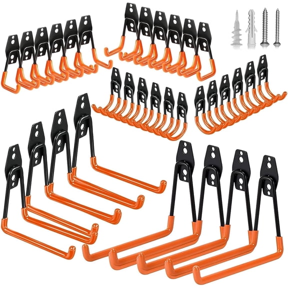 Steel Garage Storage Hooks - 32 Pack Anti-Slip Coating, Heavy Duty Wall Mount for Hanging Bike, Ladder, Garden Tools, Power Bulk Items Ropes, Utility Organization Housolution